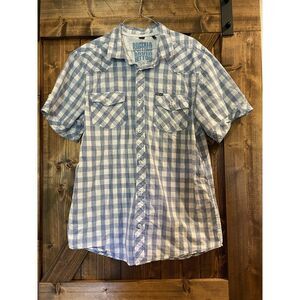 Buffalo David‎ Bitton Mens Plaid Shirt Large Blue Short Sleeve Button Up, EUC